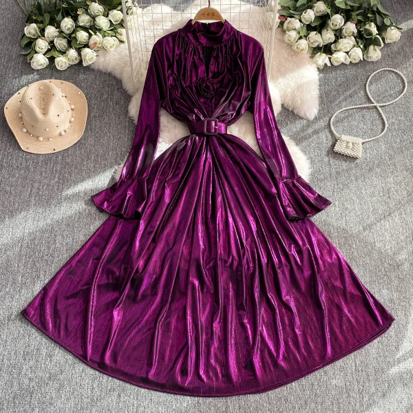 ZT1559 High-End Sense Femininity Flared Long Sleeve Stand Collar Slimming Mermaid Bright Elegant Maxi Dress Woman Evening Gown - Image 2