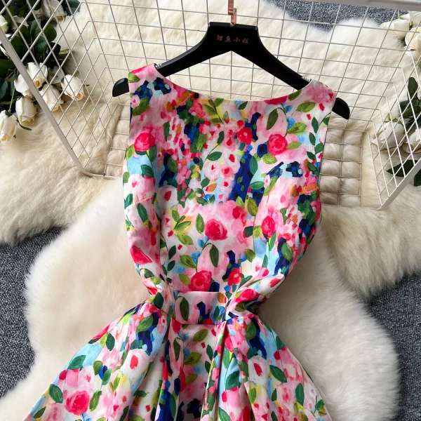ZT1502 High-end Elegant Sleeveless  Women Retro Elegant Waist Fold Big Swing Floral Printed Dress Midi Dresses - Image 2