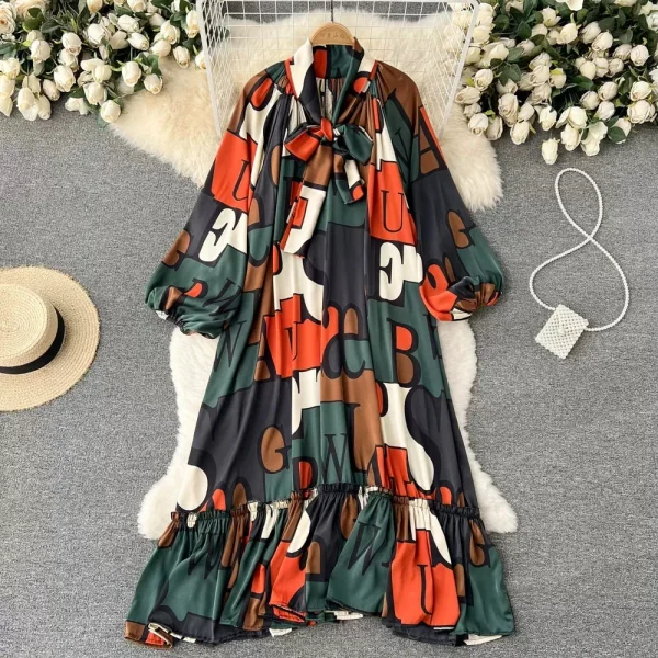 ZT1460 Design Sense Niche Lantern Sleeve High Collar Printed Dress  Woman Clothes Elegant Dresses  Loose Midi Dress