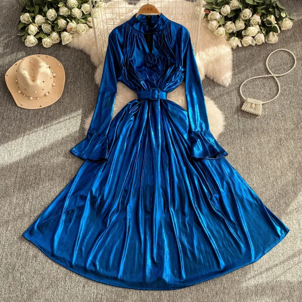 ZT1559 High-End Sense Femininity Flared Long Sleeve Stand Collar Slimming Mermaid Bright Elegant Maxi Dress Woman Evening Gown - Image 5
