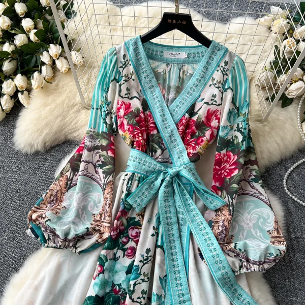 ZT1509 European Senior Sense Dress Women Design Sense V-neck Lantern Sleeve Printed Temperament  Chiffon Maxi Dress - Image 2