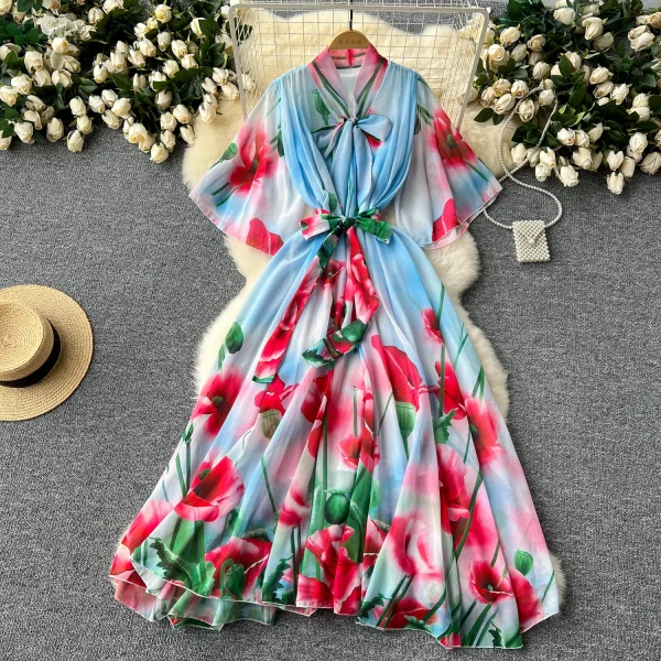 ZT1490 European Women's Dresses Loose Waist Binding Flared Sleeve Pendant Floral Printed Dress Elegant  Midi Dresses - Image 3